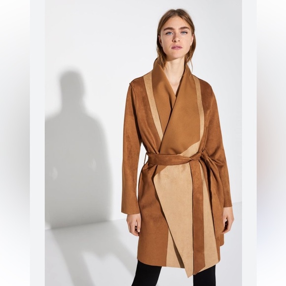 Zara Jackets & Blazers - New Zara Faux Suede Two-Tone Belted Waterfall Coat